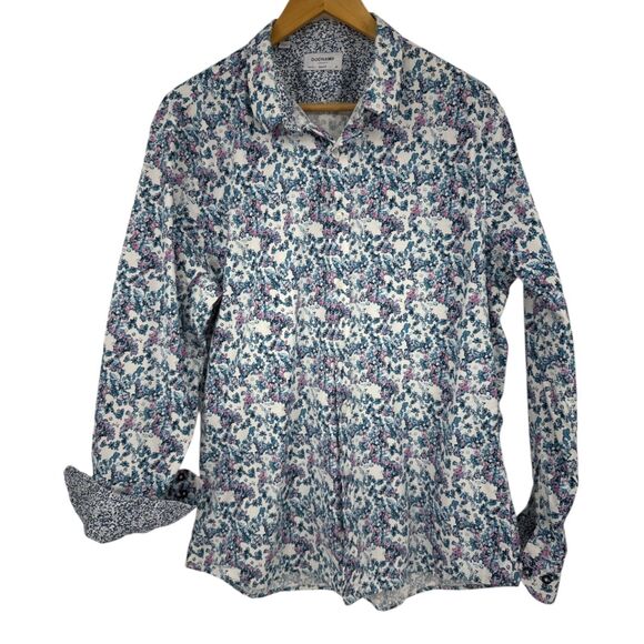 Duchamp London Shirt Men's Size XL 17 1/2 Floral Button Front slim fit stretch - Picture 1 of 7